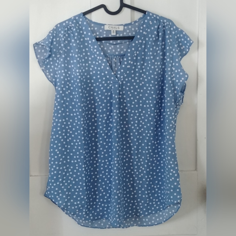 2/$25 Women's Chaus Sheer Polkadot V Neck Blouse Blue White Size M